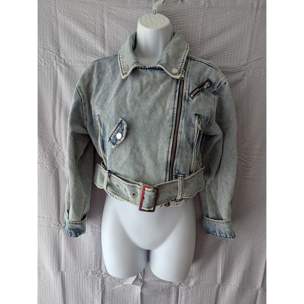 Fashion Nova Womens XS Acid Wash Denim Moto Biker Jacket Cropped Belted Blue